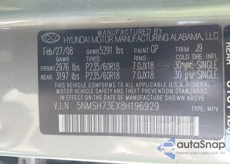 2008 Hyundai Santa Fe Limited/Se z USA, uszkodzony, nr VIN 5NMSH73EX8H196929